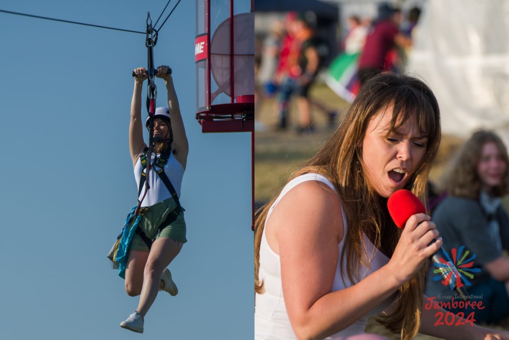 Two Images, Ms. Essex on an aerial runway, and Ms. Essex singing on the EIJ beach