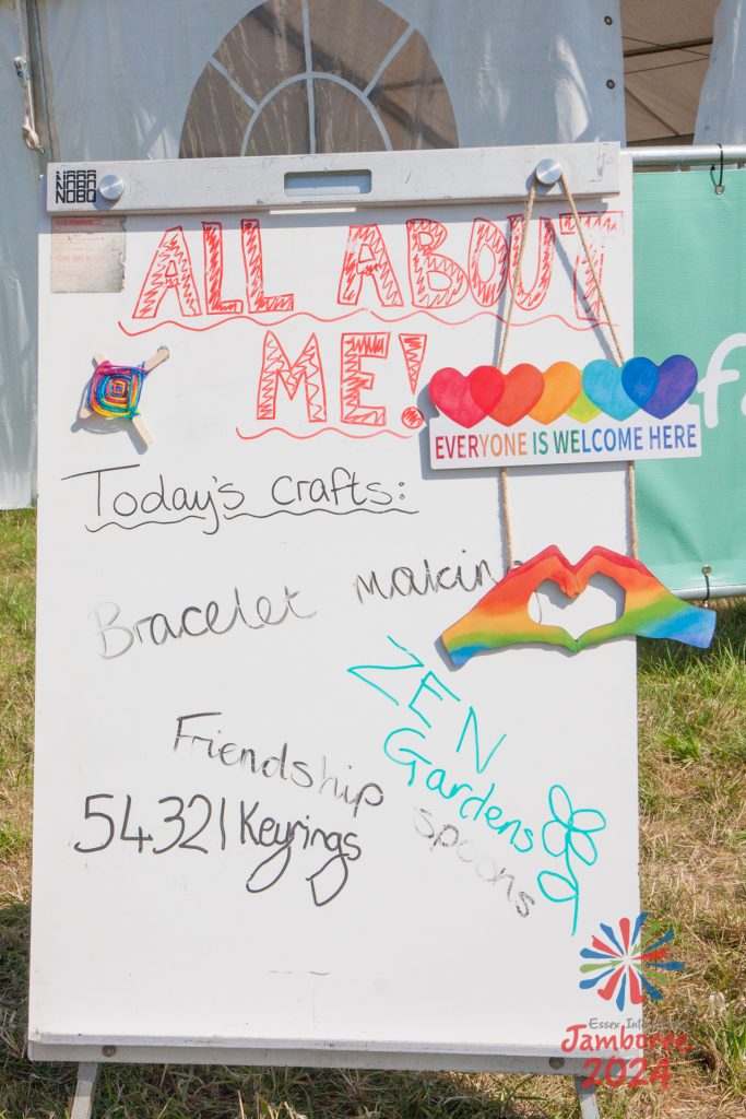 The All About Me, All About You notice board, showing the crafts available for the day.