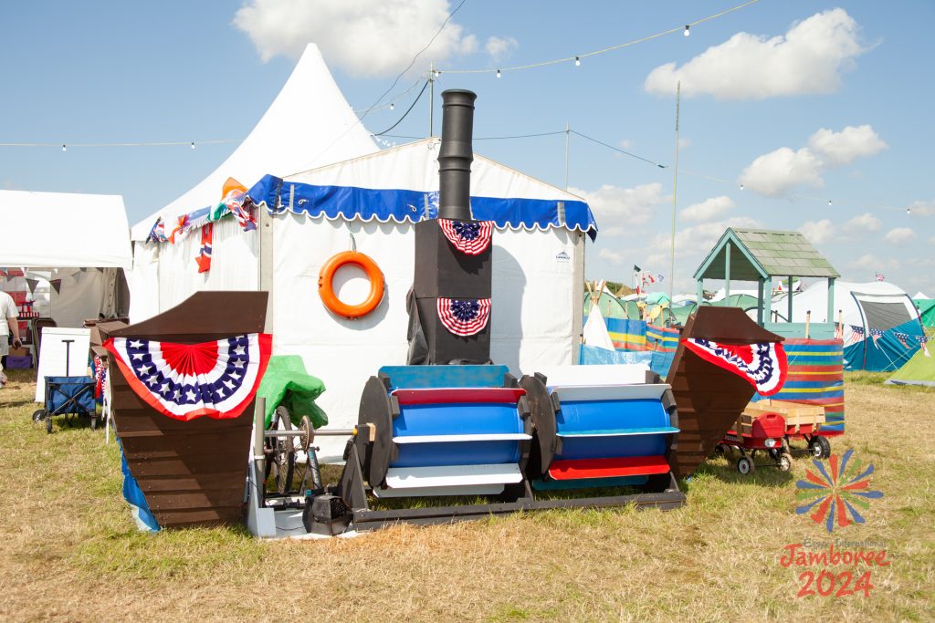 The end of a tent decorated like the stern of a Mississippi Steam Boat