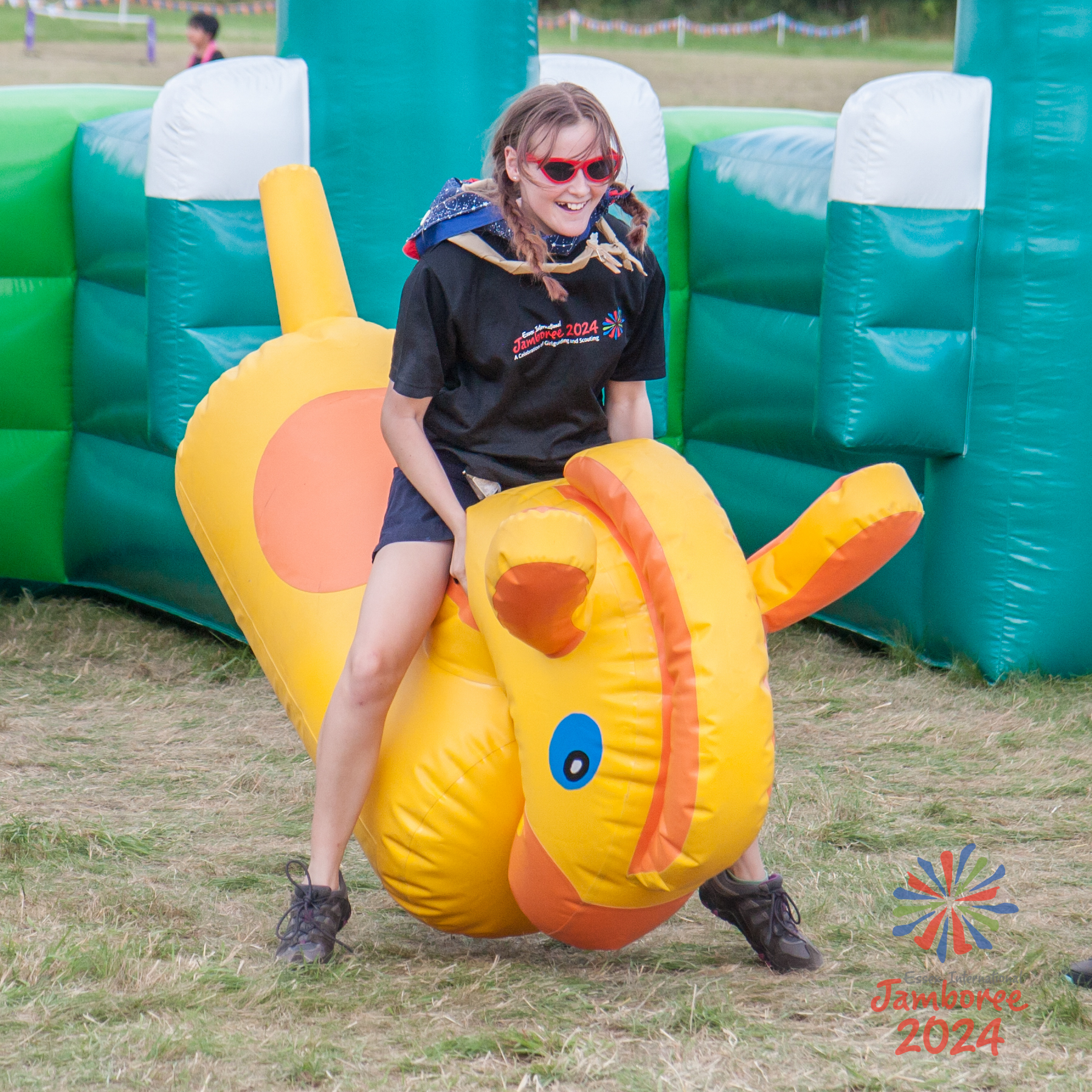 A young person on an inflatable.