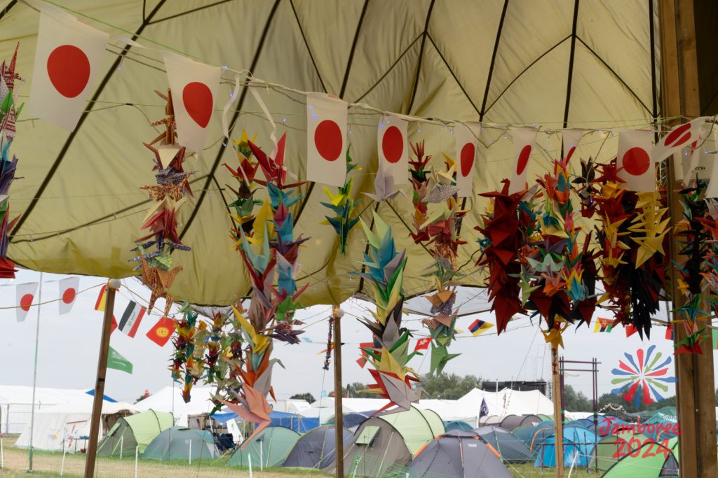 Japanese flag bunting, with paper cranes