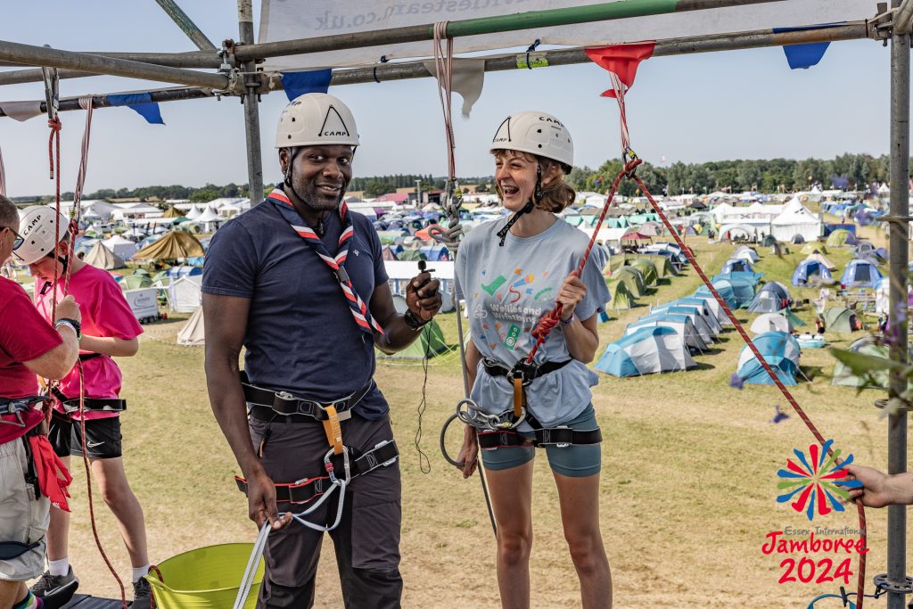 Dwayne Fields and a volunteer at the top of the abseiling tower.